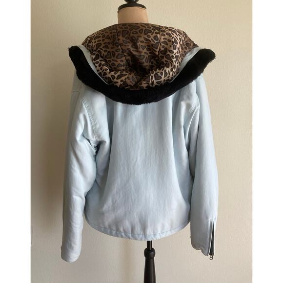 Roxy Hooded Jacket Women L Baby Blue Animal Print Lined Faux Fur Snow Ski Winter - Picture 2 of 14